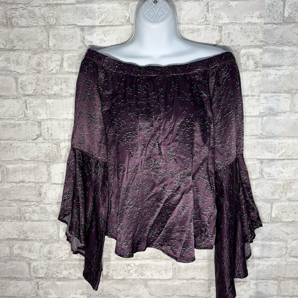 Shyanne Off The Shoulder Bell Sleeve Top Satin Purple Black Western Glam Size XS